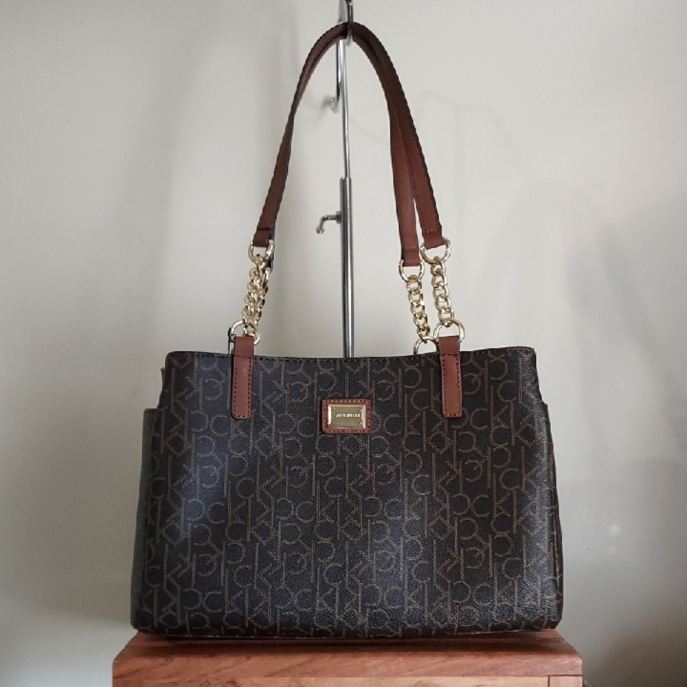 Calvin Klein Dark Brown Monogram Shoulder Tote with Gold Chain Accents